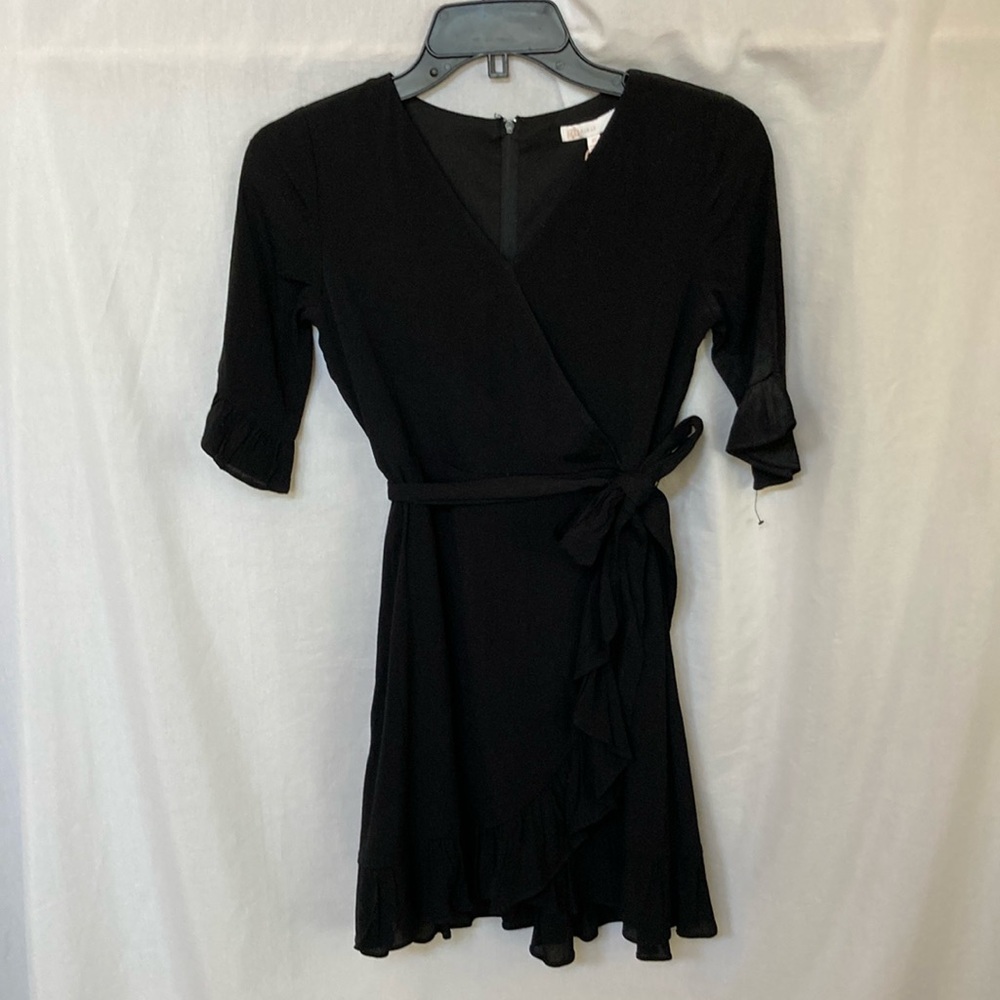 🎉 3 For $20 GB Big Girls 3/4 Ruffle Sleeve Size 10 Faux Wrap Ruffle Black Dress